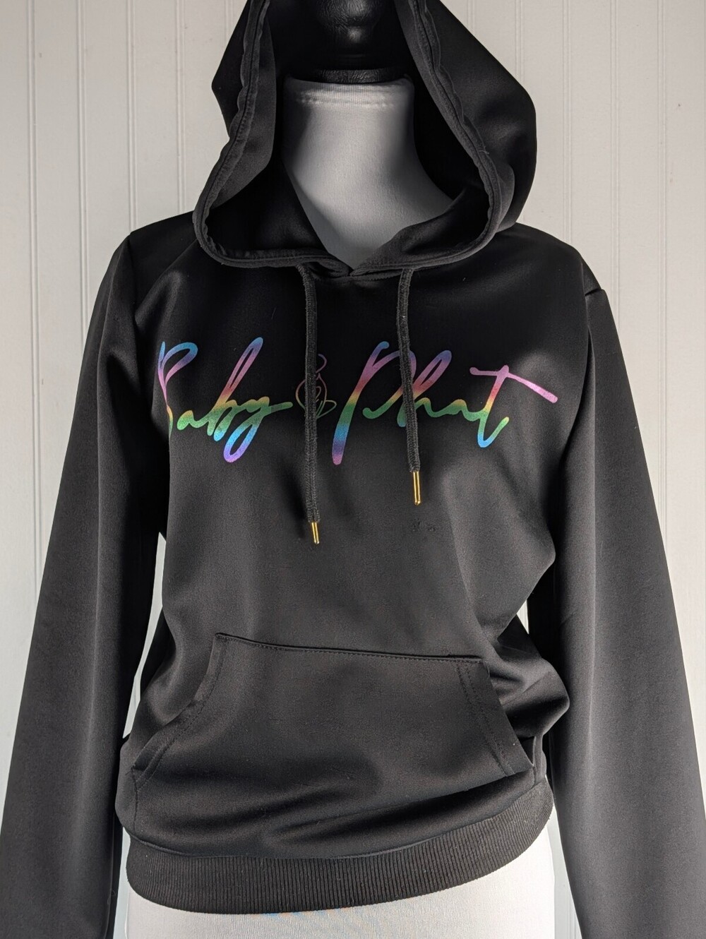 Phat Y2K Black Hoodie Rainbow Gradient Script Logo Size XL